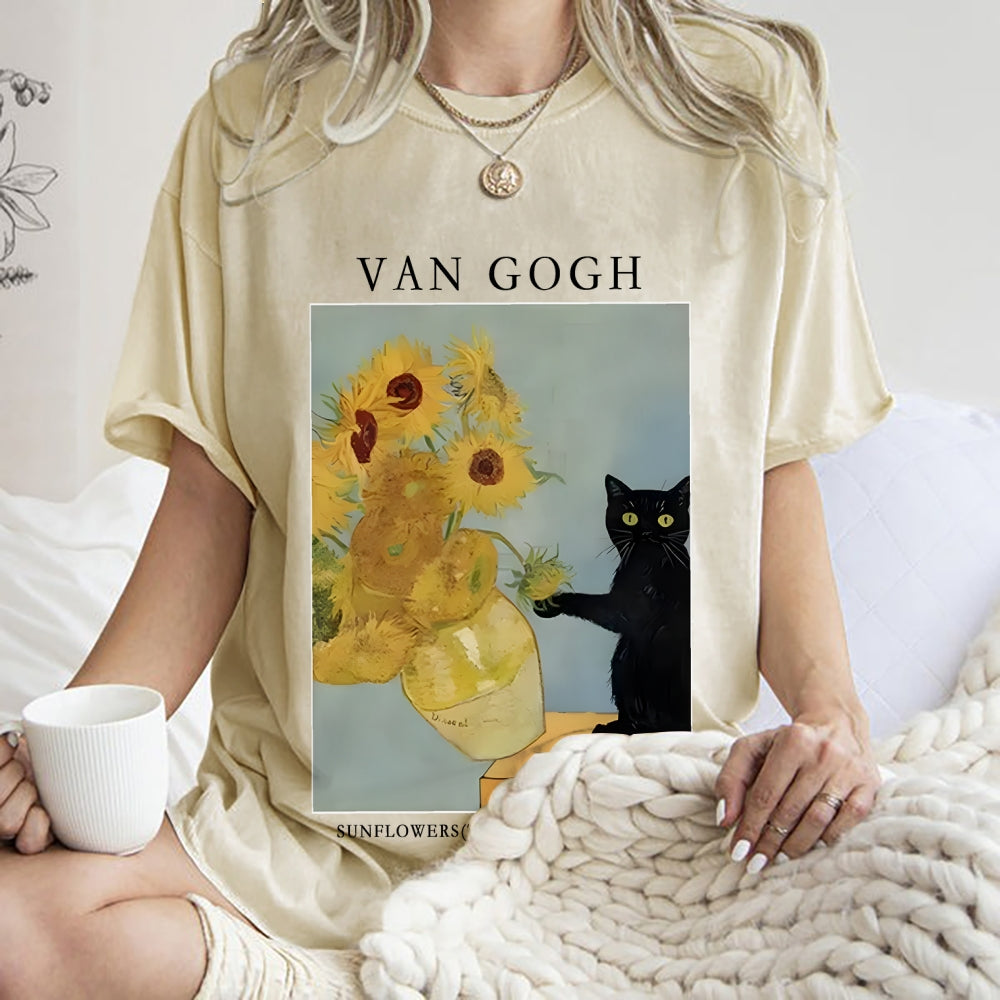 Black Cat With Sunflowers Washed T-Shirt