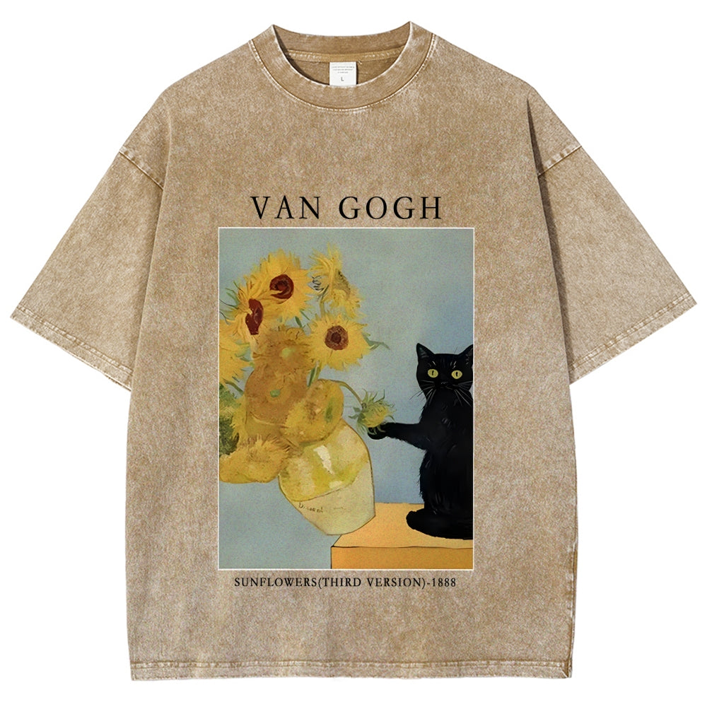 Black Cat With Sunflowers Washed T-Shirt