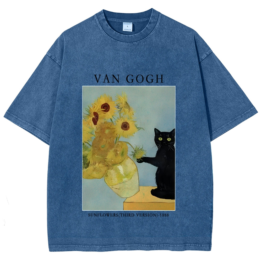 Black Cat With Sunflowers Washed T-Shirt