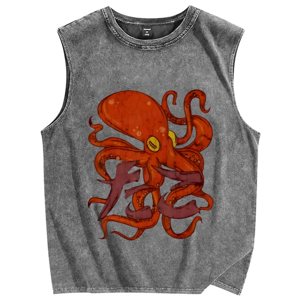 Red deep sea giant octopus Vintage Distressed Washed Tank Top