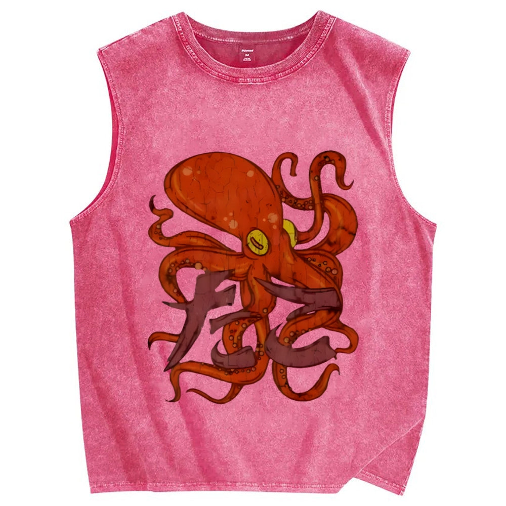 Red deep sea giant octopus Vintage Distressed Washed Tank Top