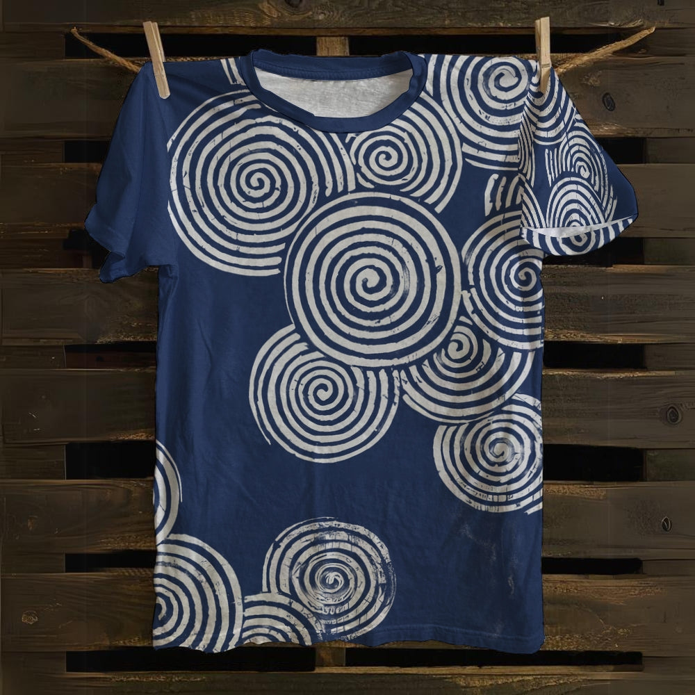 Simple Sea Waves Japanese Lino Art Vintage T Shirt