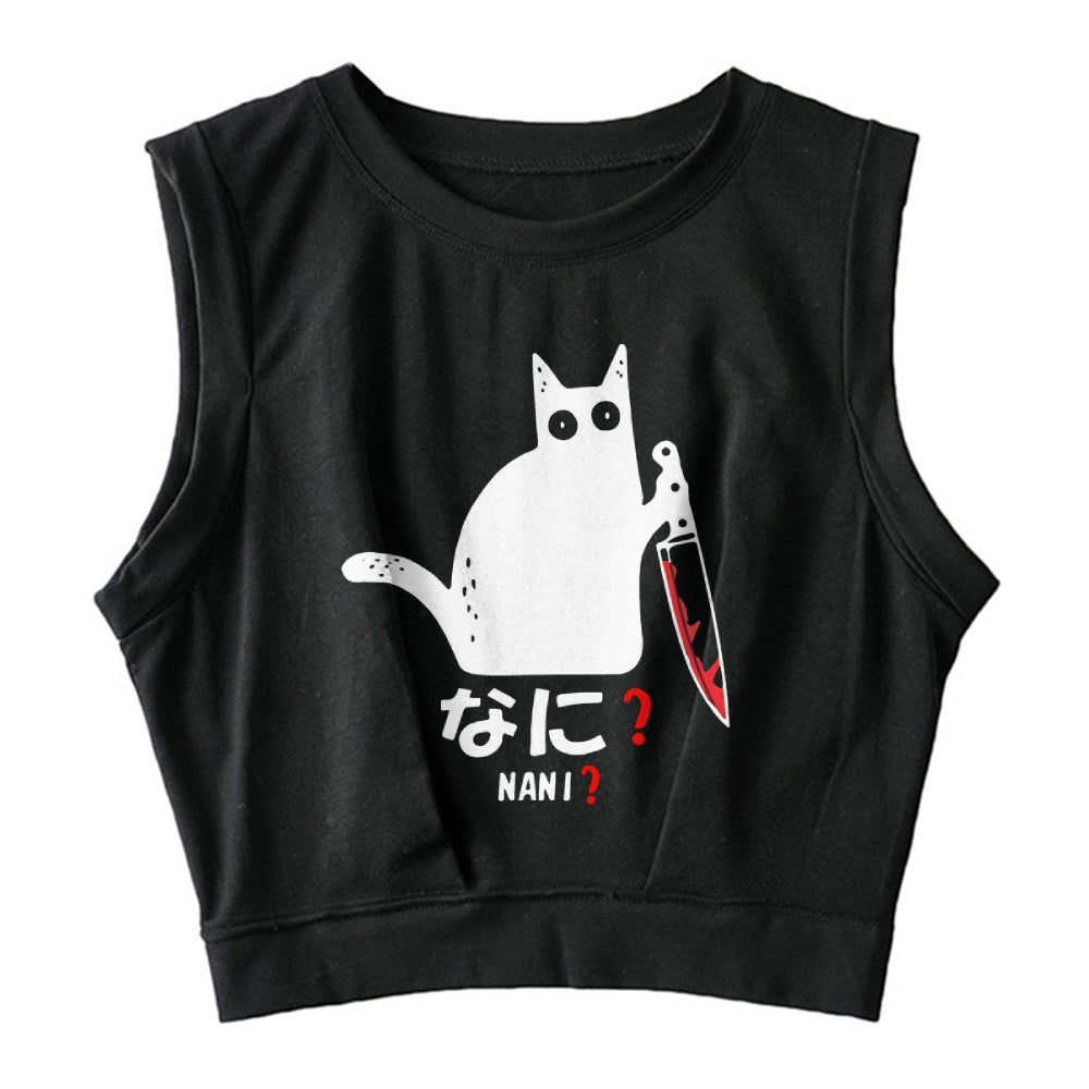A Puzzled Cat Holding A Knife Sleeveless Crop Top