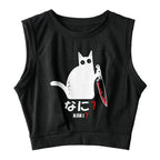 A Puzzled Cat Holding A Knife Sleeveless Crop Top