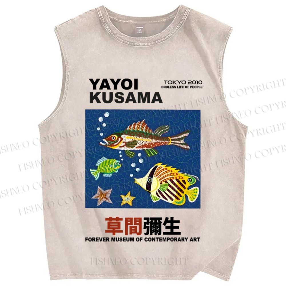 Unisex Japanese Yayoi Kusama Fish Printed Washed Tank Top