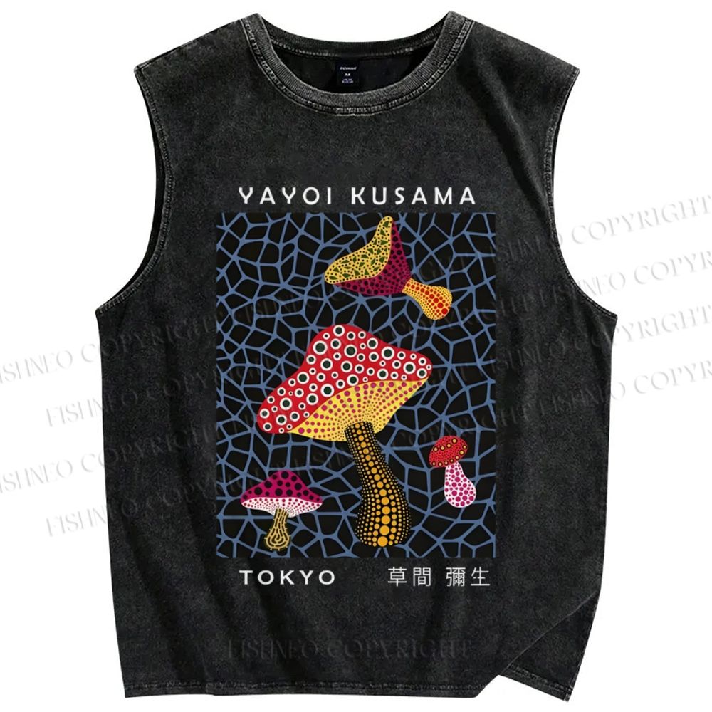 Unisex Japanese Yayoi Kusama Mushrooms Printed Washed Tank Top