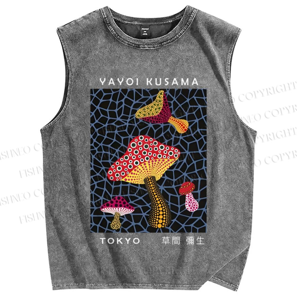 Unisex Japanese Yayoi Kusama Mushrooms Printed Washed Tank Top
