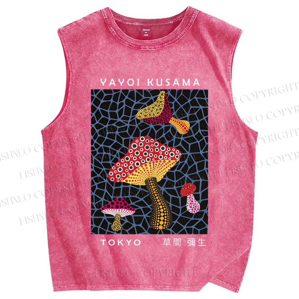 Unisex Japanese Yayoi Kusama Mushrooms Printed Washed Tank Top