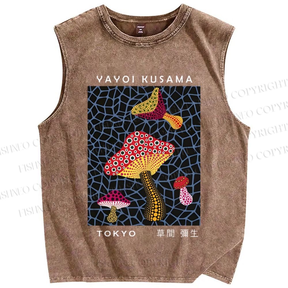 Unisex Japanese Yayoi Kusama Mushrooms Printed Washed Tank Top