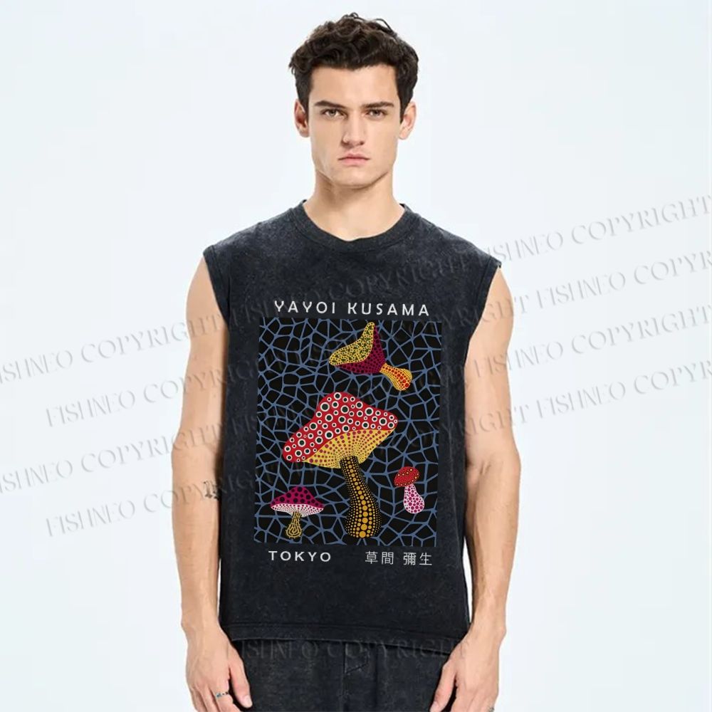 Unisex Japanese Yayoi Kusama Mushrooms Printed Washed Tank Top