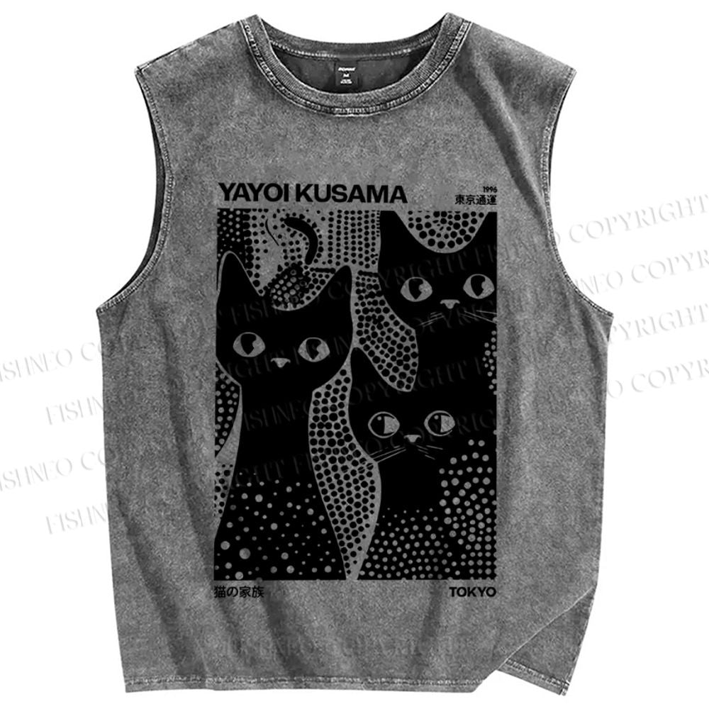 Unisex Japanese Yayoi Kusama Black Cat Printed Washed Tank Top