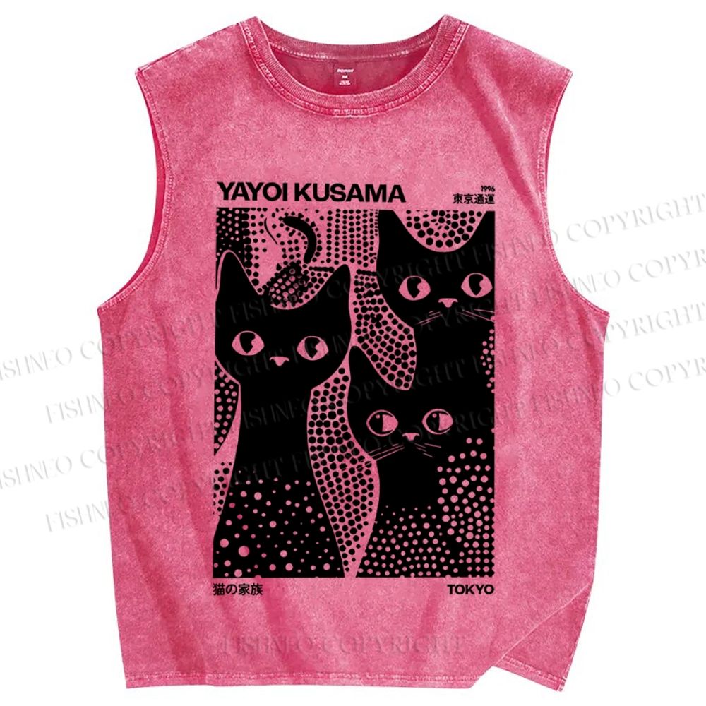 Unisex Japanese Yayoi Kusama Black Cat Printed Washed Tank Top