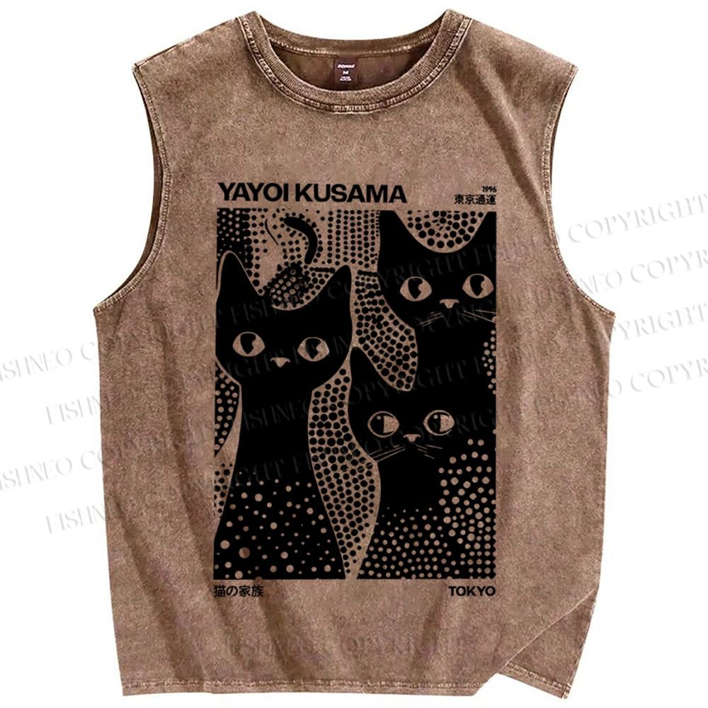 Unisex Japanese Yayoi Kusama Black Cat Printed Washed Tank Top