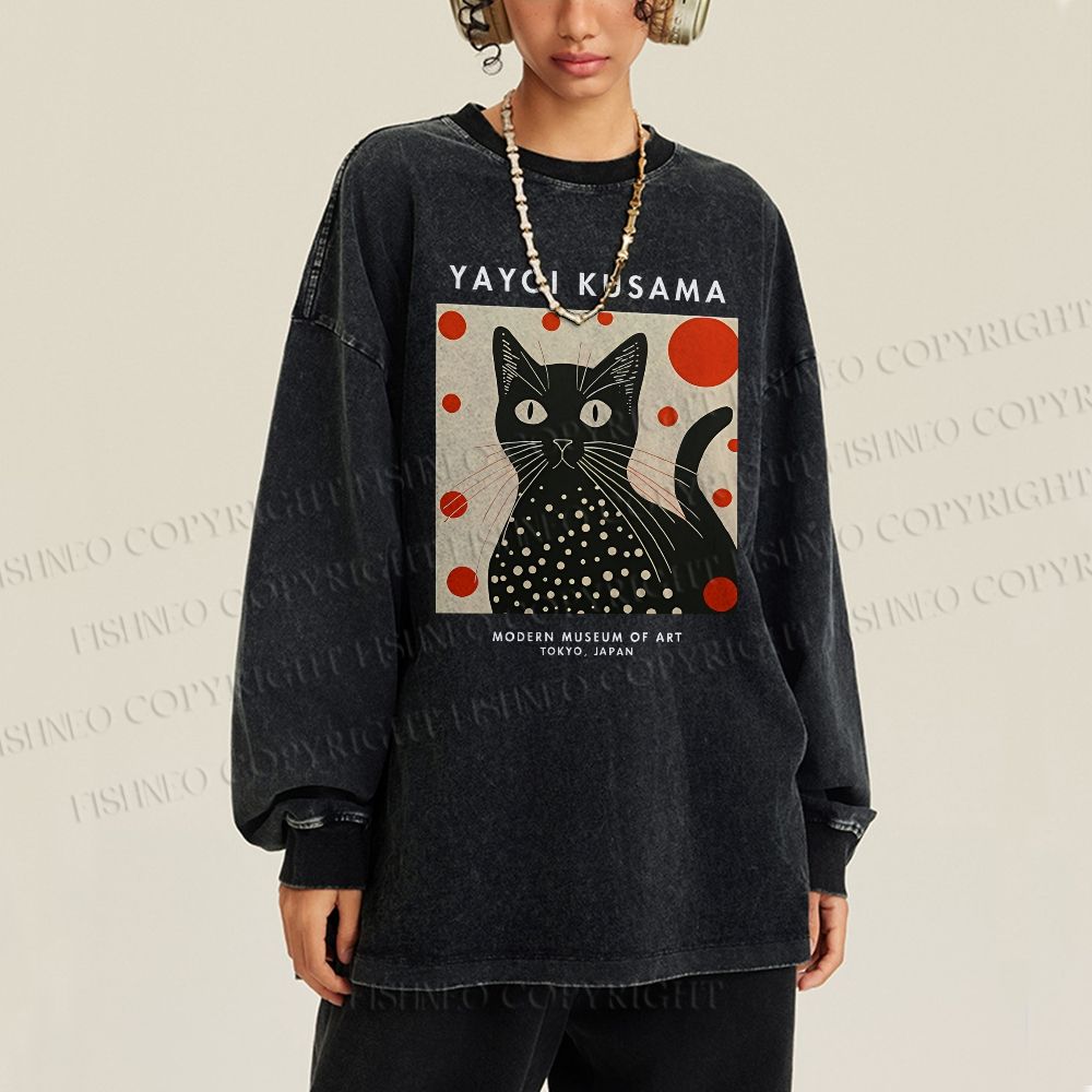 Unisex Casual Washed Yayoi Kusama Cat Printed Long Sleeve T-shirt