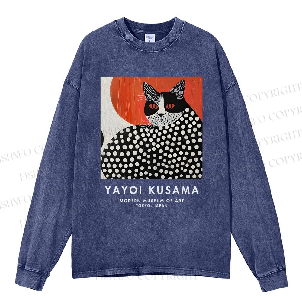 Unisex Casual Washed Yayoi Kusama Cat Printed Long Sleeve T-shirt