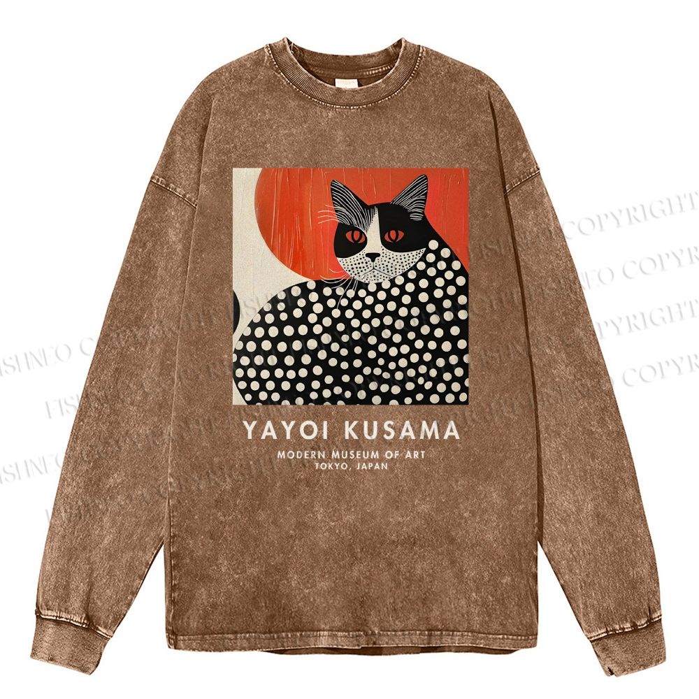 Unisex Casual Washed Yayoi Kusama Cat Printed Long Sleeve T-shirt