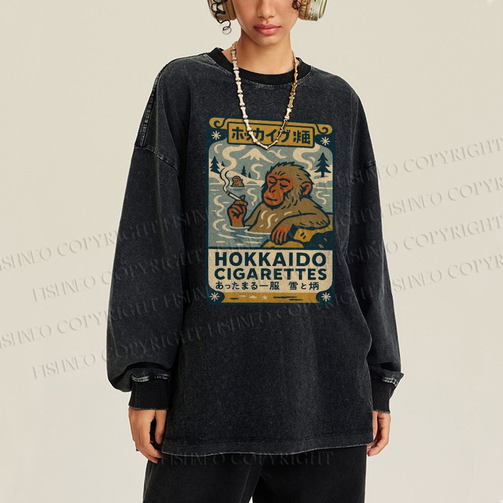Unisex Casual Washed Vintage Monkey Printed Long Sleeve T-shirt