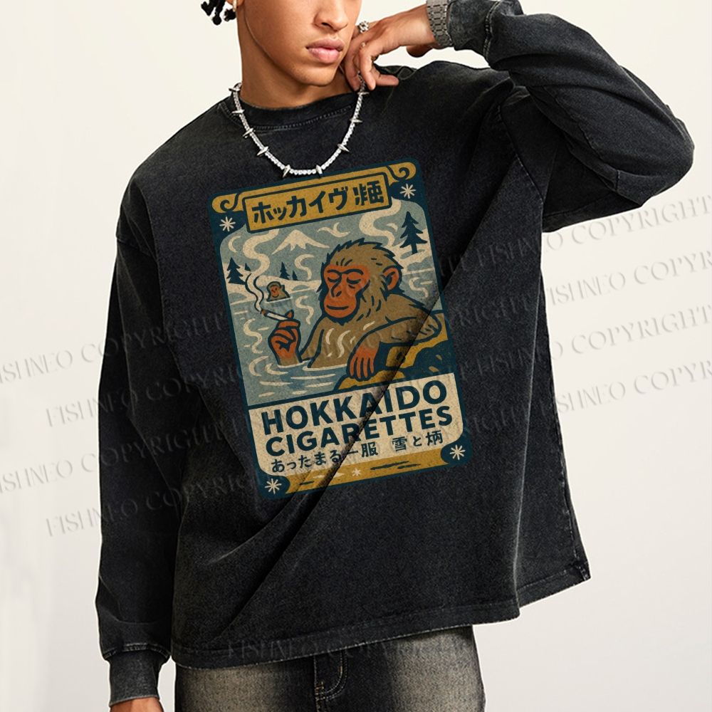 Unisex Casual Washed Vintage Monkey Printed Long Sleeve T-shirt