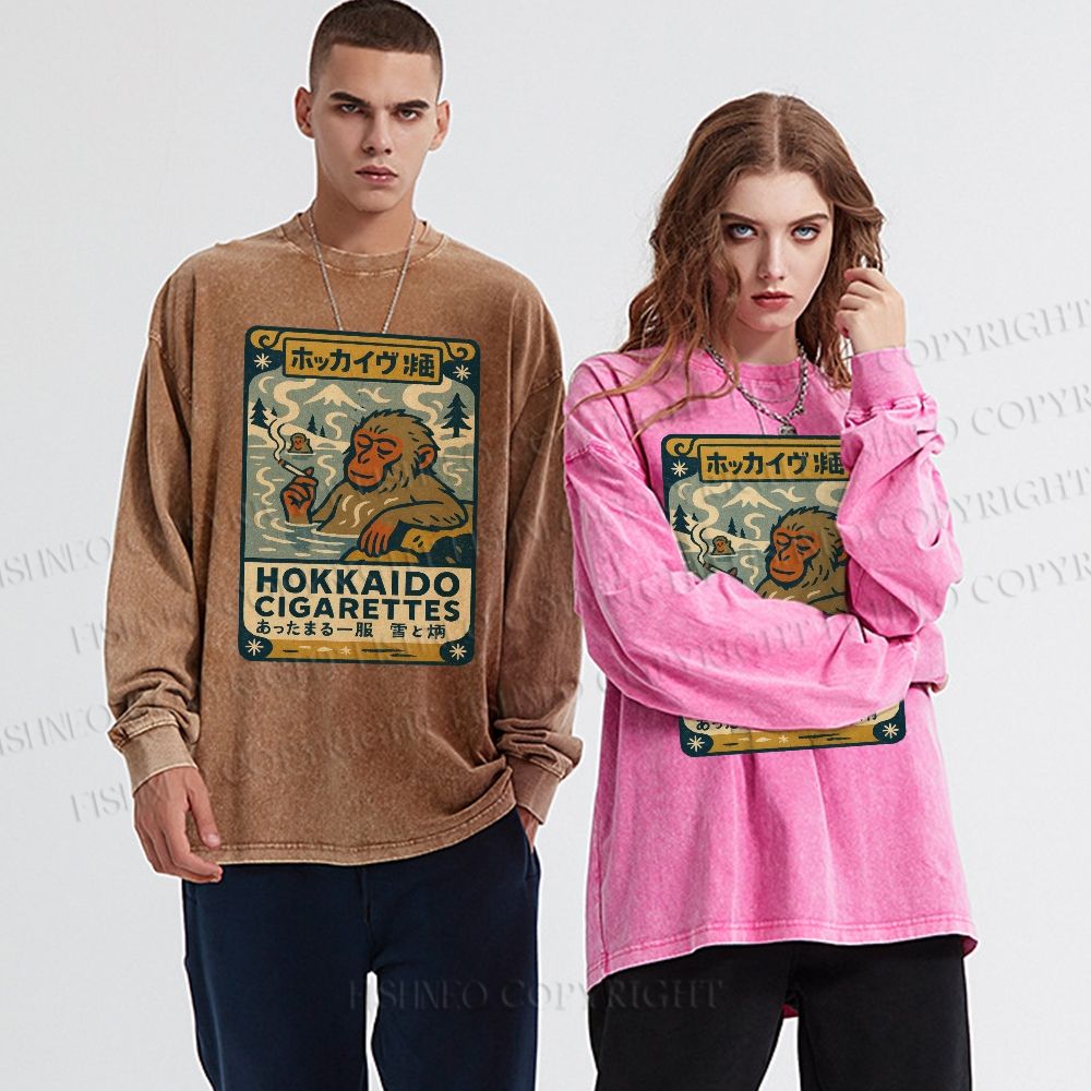 Unisex Casual Washed Vintage Monkey Printed Long Sleeve T-shirt