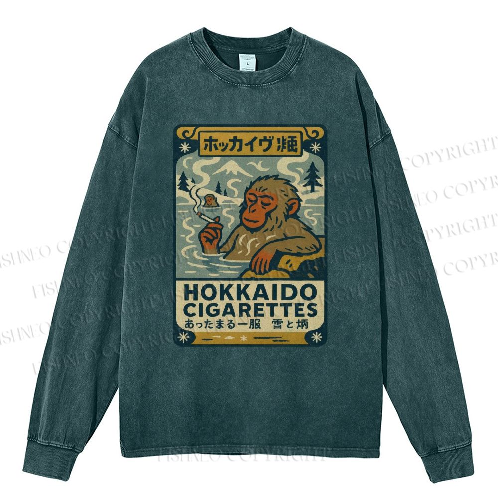 Unisex Casual Washed Vintage Monkey Printed Long Sleeve T-shirt