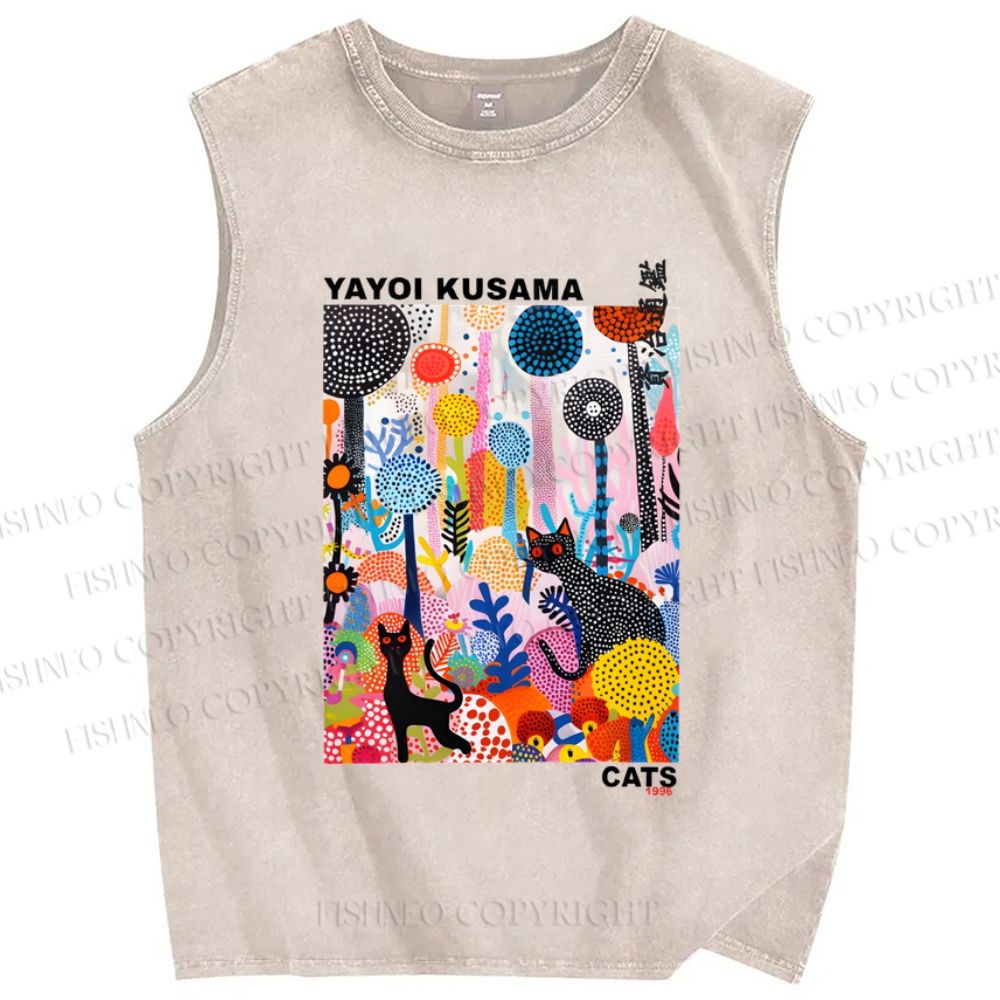 Unisex Yayoi Kusama Cat Printed Washed Tank Top