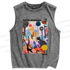 Unisex Yayoi Kusama Cat Printed Washed Tank Top