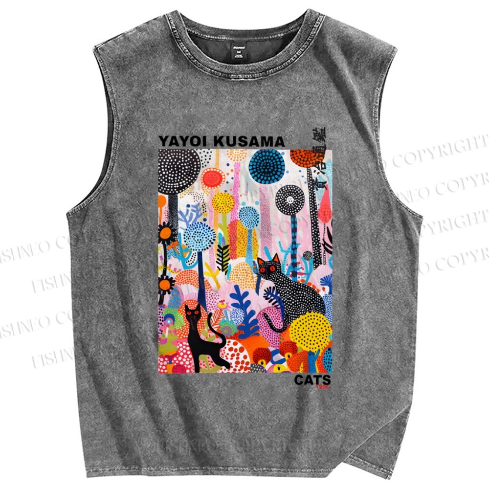 Unisex Yayoi Kusama Cat Printed Washed Tank Top