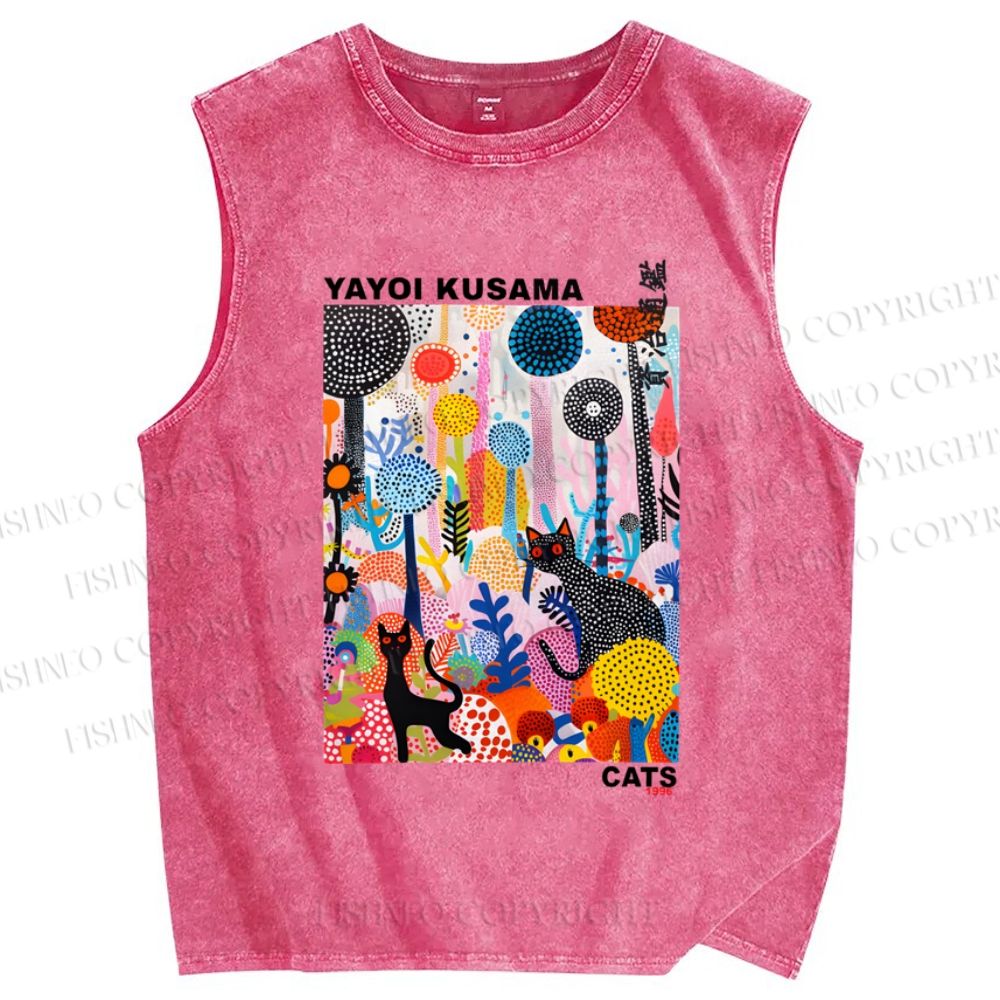Unisex Yayoi Kusama Cat Printed Washed Tank Top