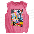 Unisex Yayoi Kusama Cat Printed Washed Tank Top