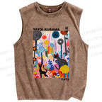 Unisex Yayoi Kusama Cat Printed Washed Tank Top