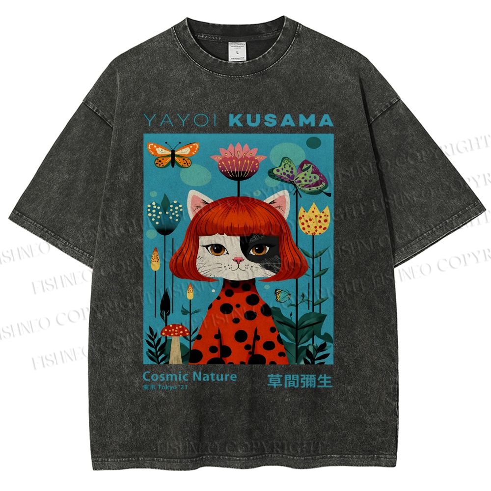 Unisex Yayoi Kusama Cat Printed Washed Tee
