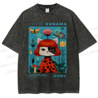 Unisex Yayoi Kusama Cat Printed Washed Tee