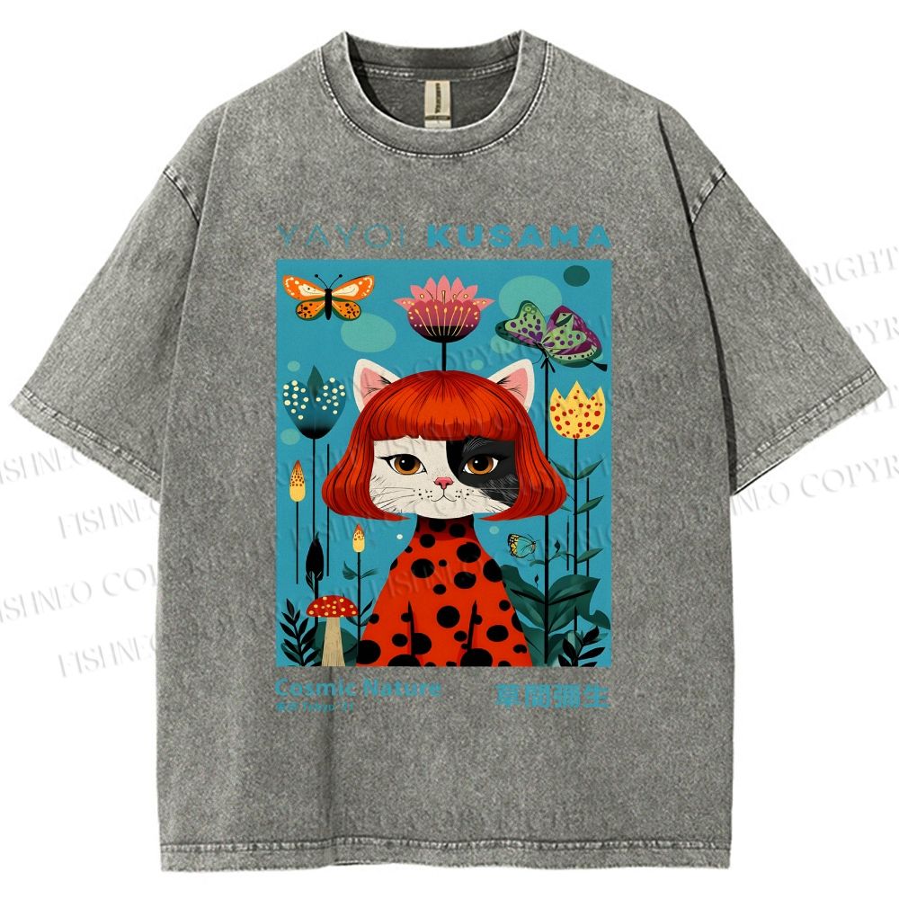 Unisex Yayoi Kusama Cat Printed Washed Tee