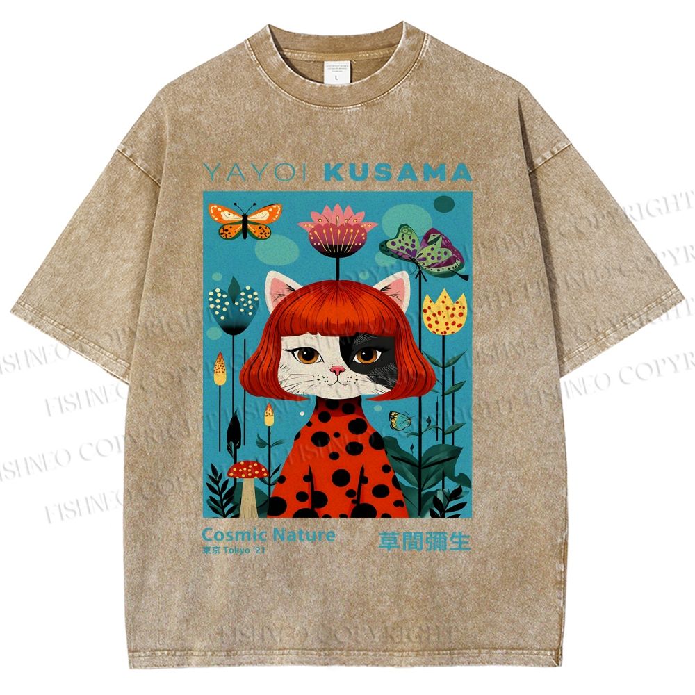 Unisex Yayoi Kusama Cat Printed Washed Tee