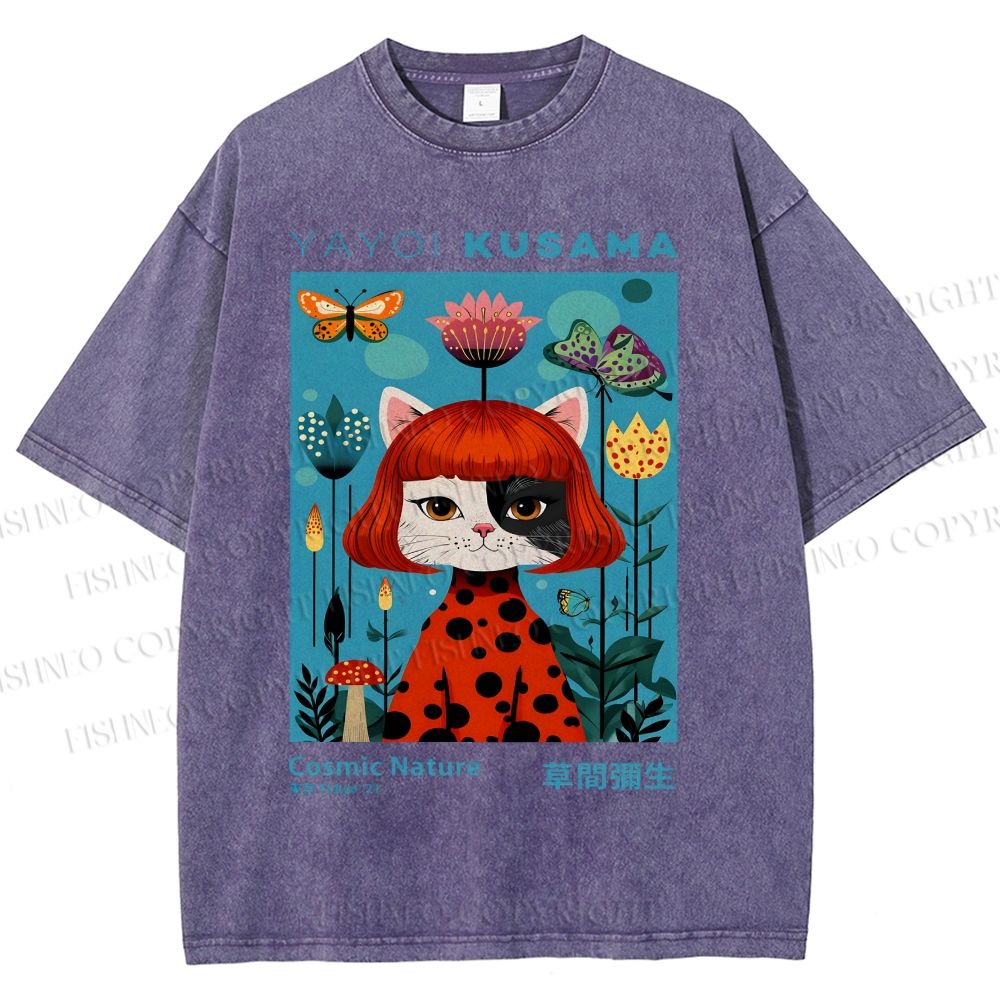 Unisex Yayoi Kusama Cat Printed Washed Tee