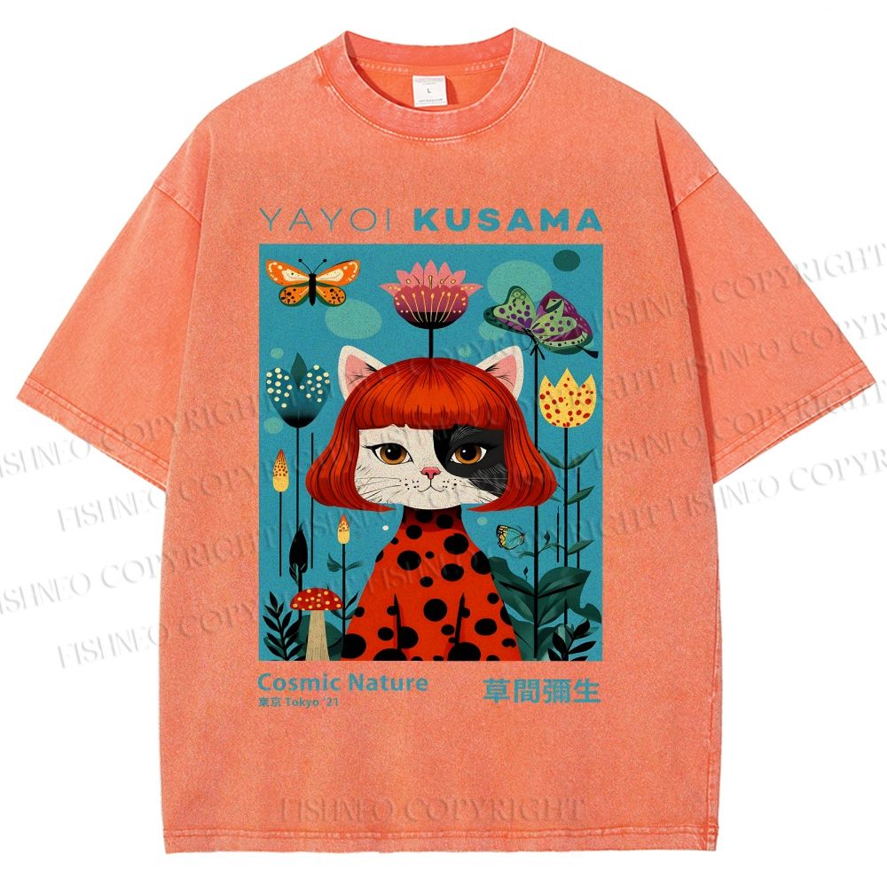 Unisex Yayoi Kusama Cat Printed Washed Tee