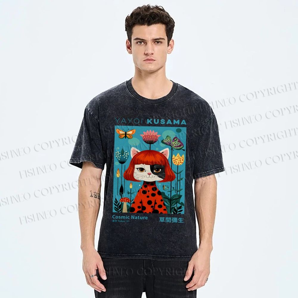Unisex Yayoi Kusama Cat Printed Washed Tee
