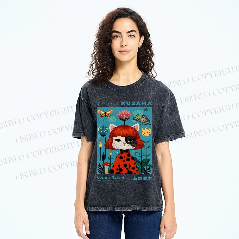 Unisex Yayoi Kusama Cat Printed Washed Tee