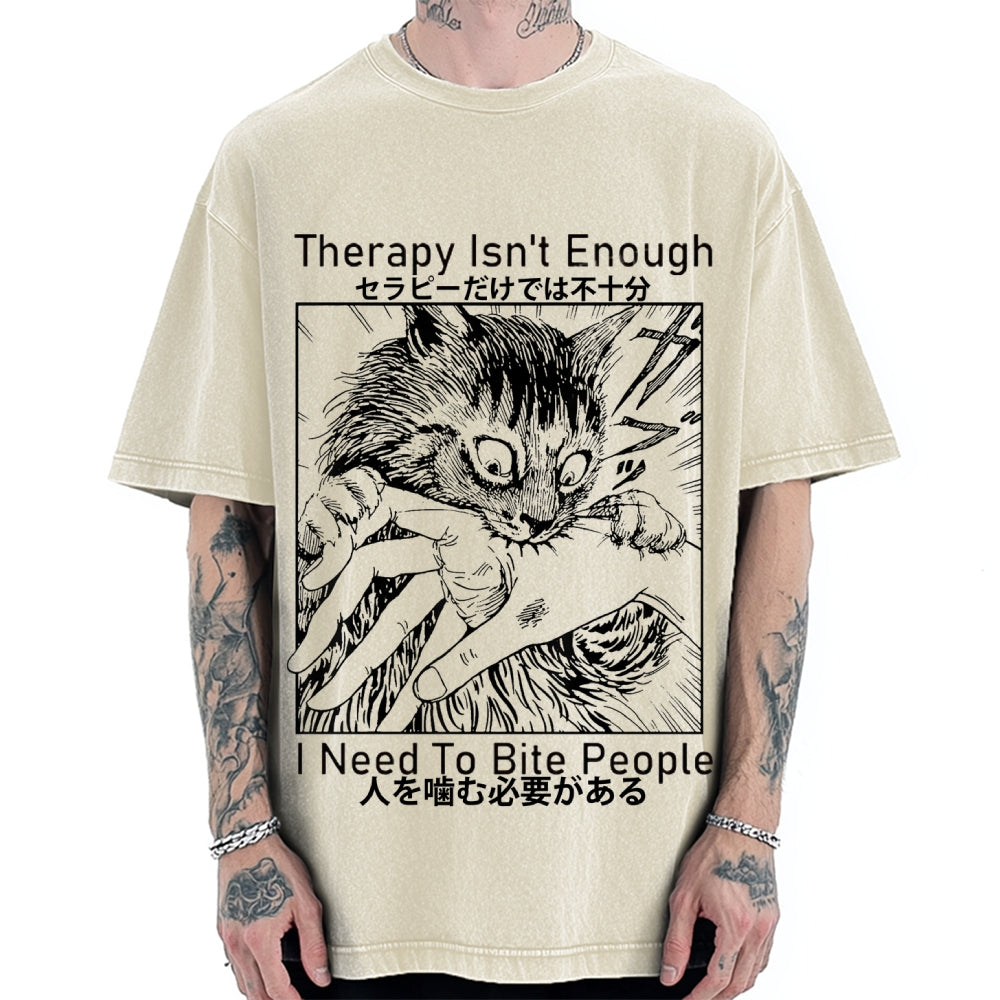 Japanese Cat Biting Vintage Washed T-shirt