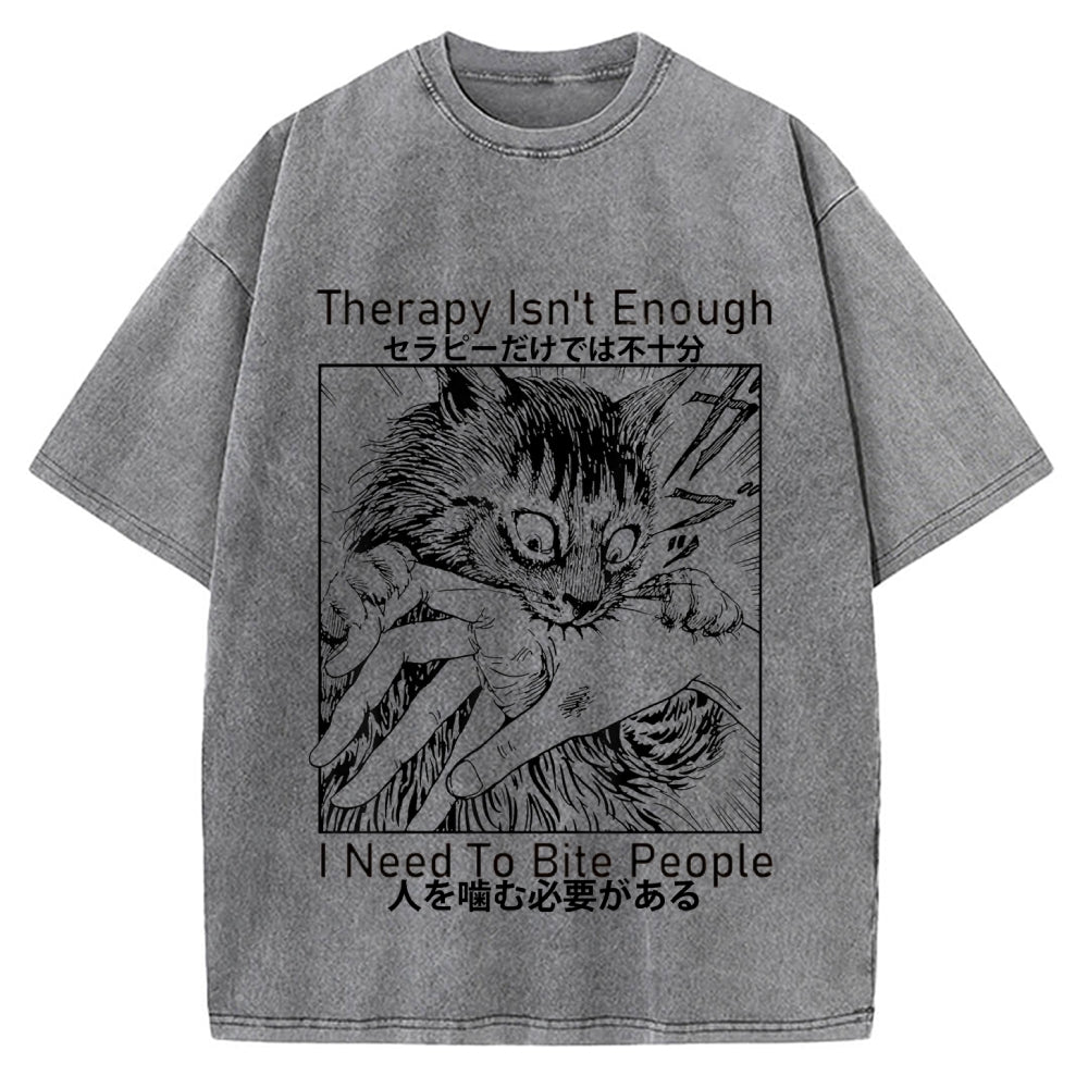 Japanese Cat Biting Vintage Washed T-shirt