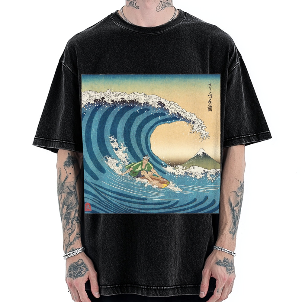 Surfer Kanagawa Okinami Ukiyo-e Vintage Washed T-shirt