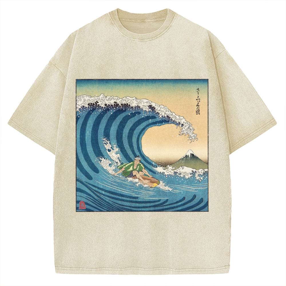 Surfer Kanagawa Okinami Ukiyo-e Vintage Washed T-shirt