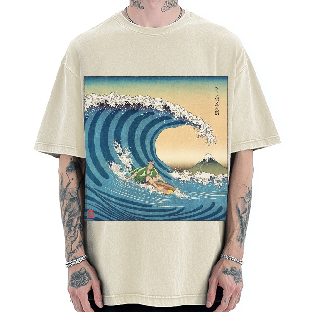 Surfer Kanagawa Okinami Ukiyo-e Vintage Washed T-shirt