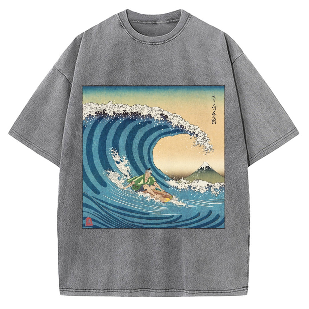 Surfer Kanagawa Okinami Ukiyo-e Vintage Washed T-shirt