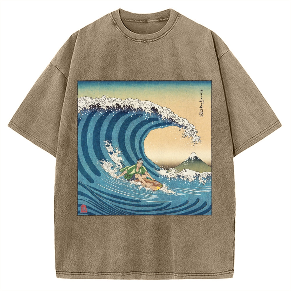 Surfer Kanagawa Okinami Ukiyo-e Vintage Washed T-shirt