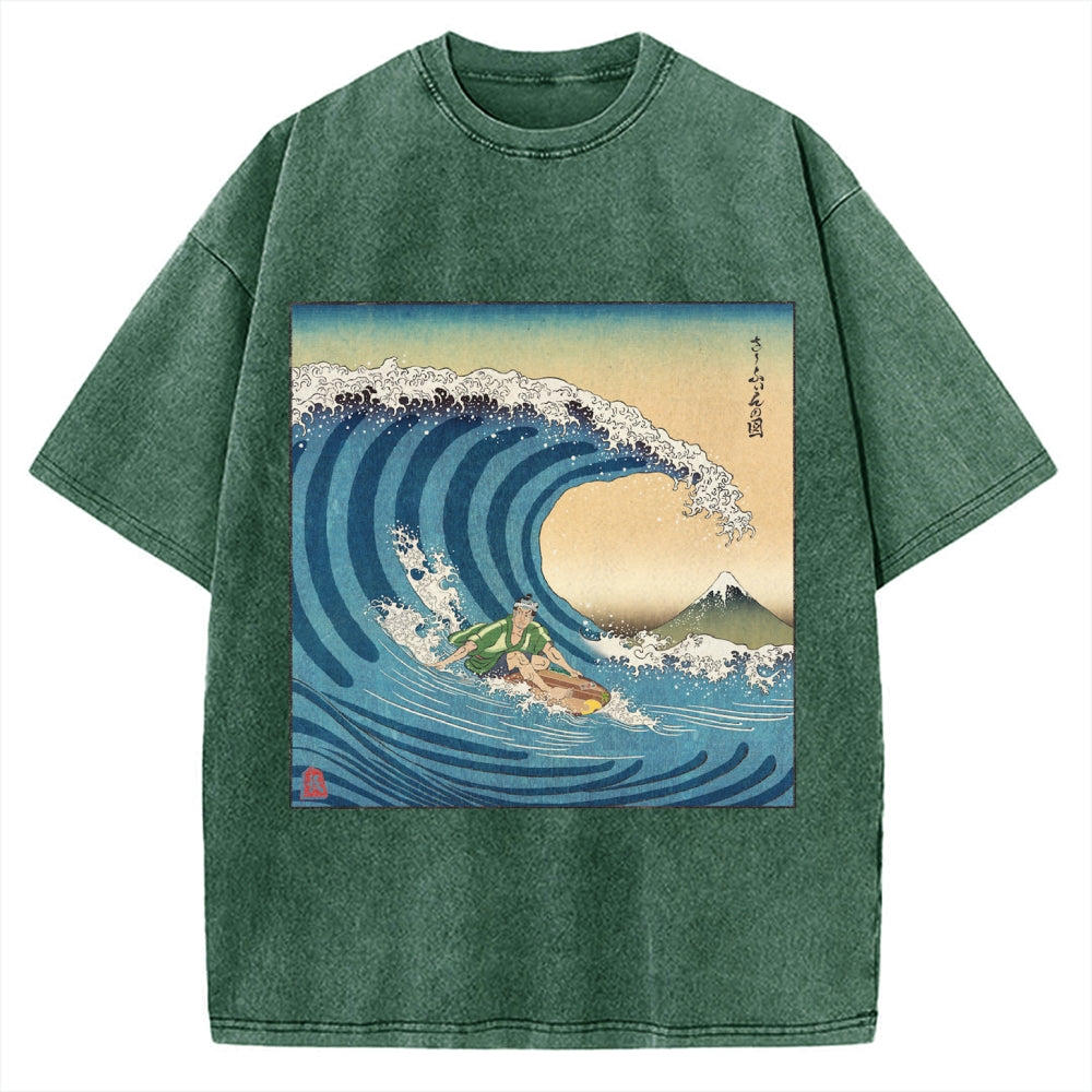 Surfer Kanagawa Okinami Ukiyo-e Vintage Washed T-shirt