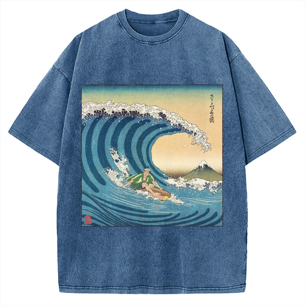 Surfer Kanagawa Okinami Ukiyo-e Vintage Washed T-shirt