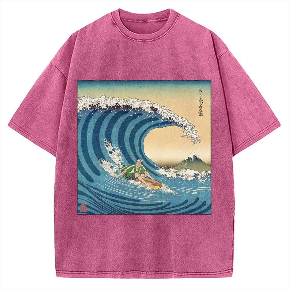 Surfer Kanagawa Okinami Ukiyo-e Vintage Washed T-shirt
