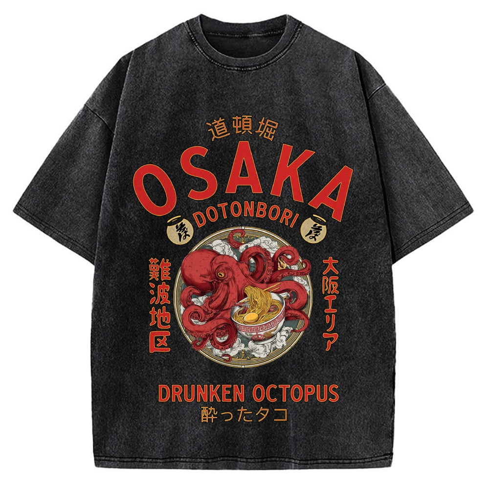Osaka Drunken Octopus Eating Ramen Vintage Washed T-shirt