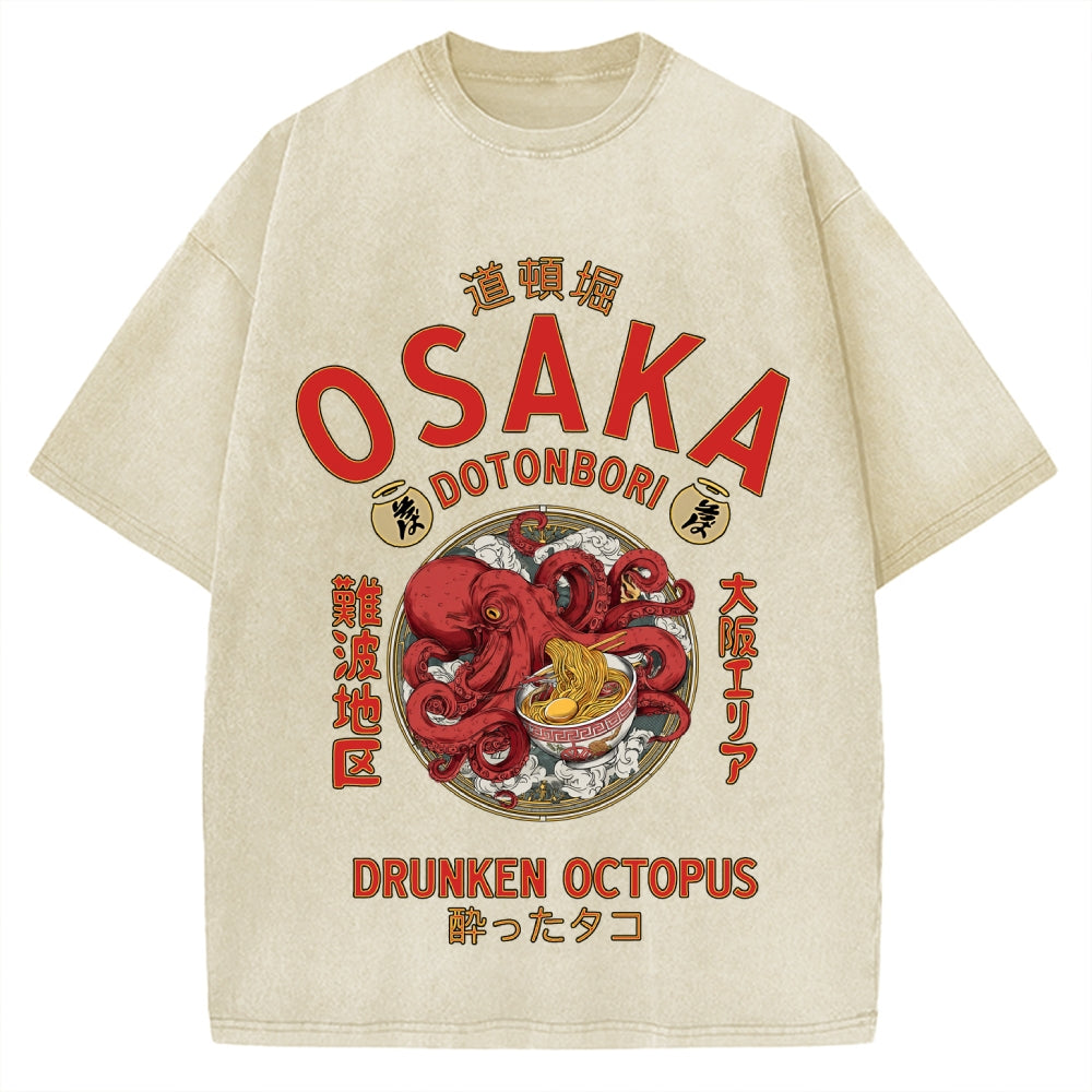 Osaka Drunken Octopus Eating Ramen Vintage Washed T-shirt